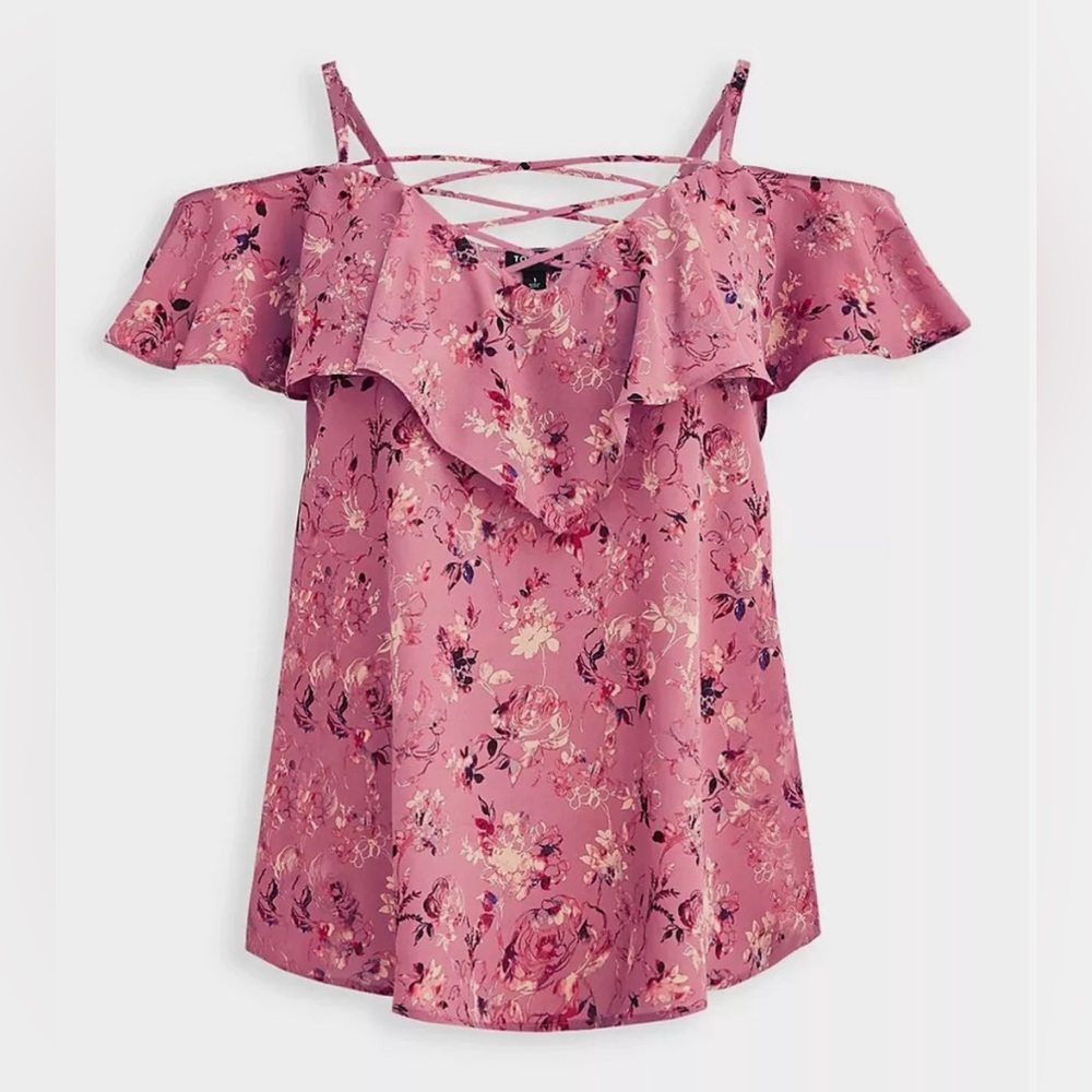 Torrid Pink Floral Cold-Shoulder Ruffle Tank